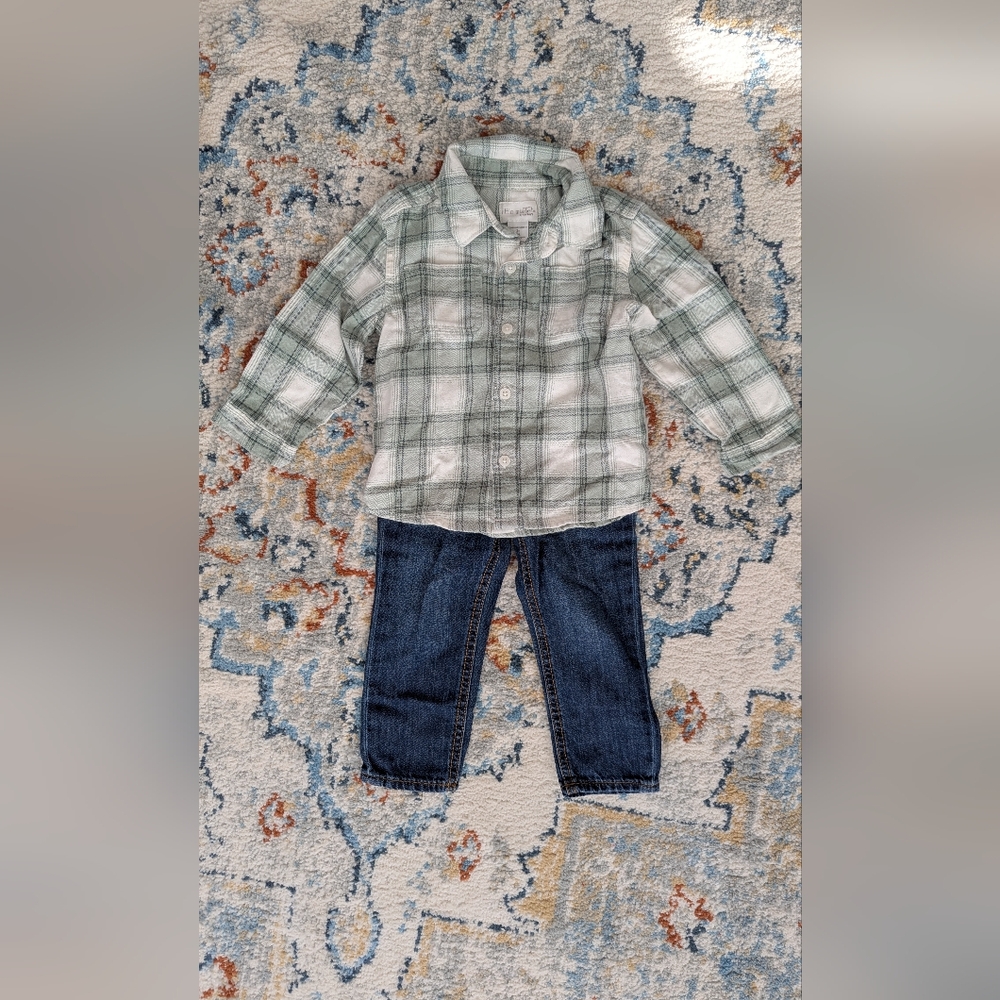 Carter's Light Green and White Plaid Button-Down Flannel Shirt And Jeans
